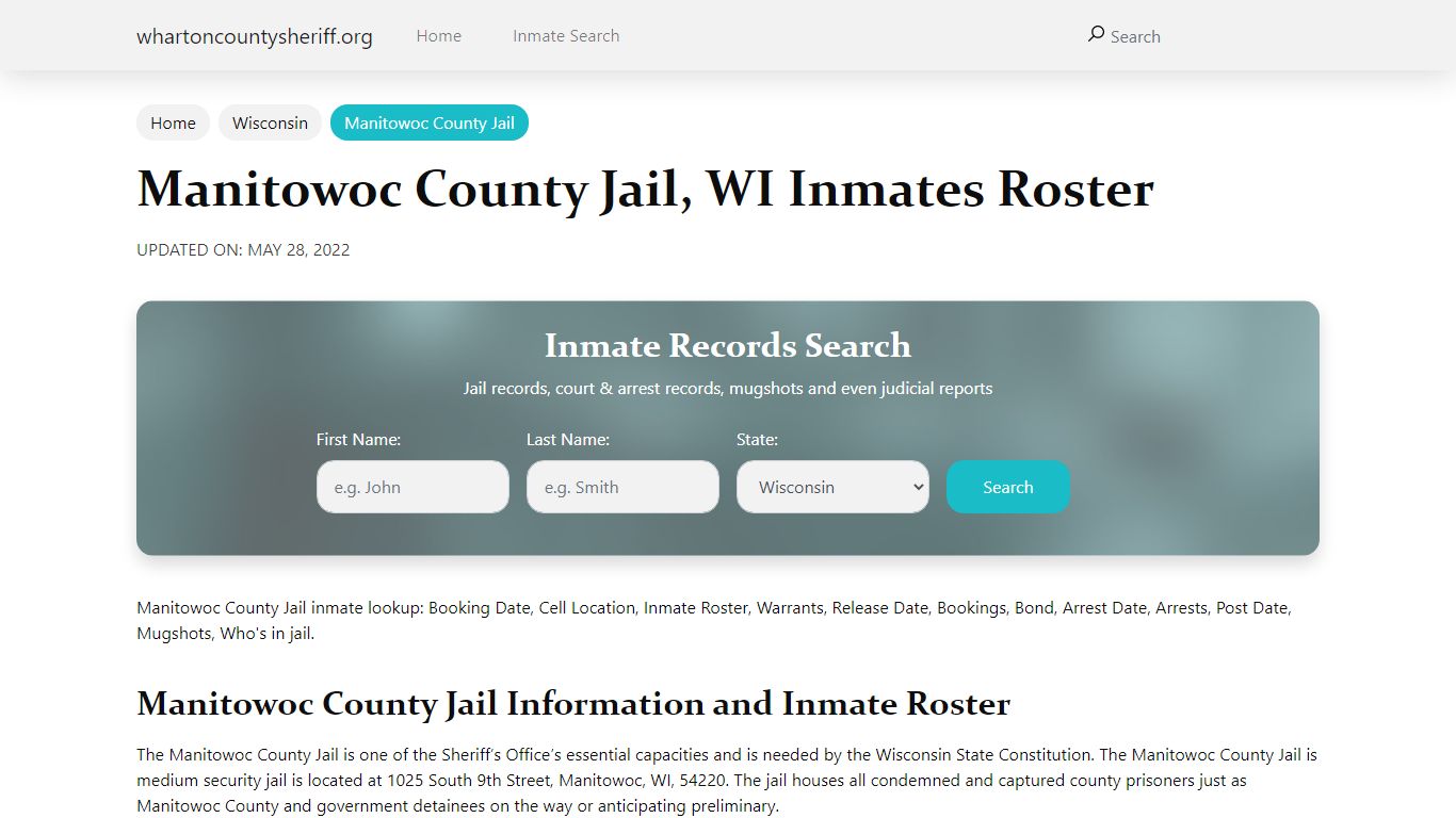 Manitowoc County Jail, WI Jail Roster, Name Search