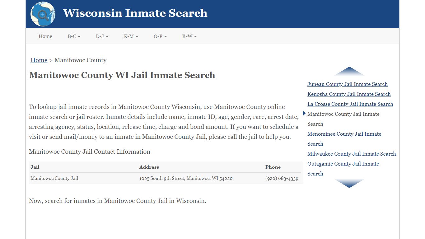 Manitowoc County WI Jail Inmate Search